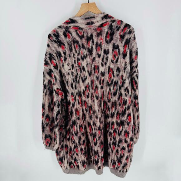 ANTHROPOLOGIE Zoey Leopard Print Cardigan Taupe/Red/Black Open Front Size 2X - Picture 3 of 9